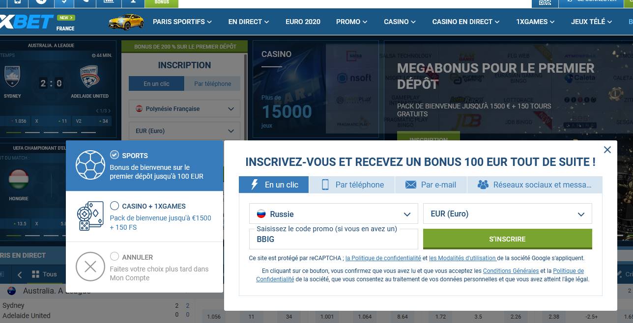 Formulaire d'inscription à 1xbet