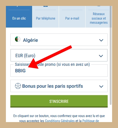 Formulaire d'inscription à 1xbet