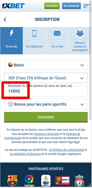 Formulaire d'inscription à 1xbet