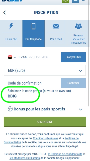 Formulaire d'inscription à 1xbet