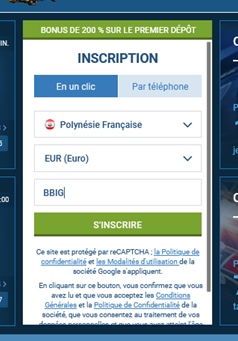 Formulaire d'inscription à 1xbet