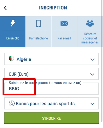 Formulaire d'inscription à 1xbet