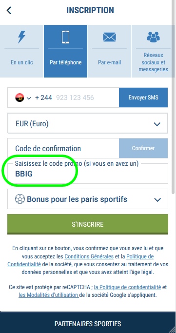 Formulaire d'inscription à 1xbet