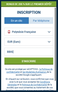 Formulaire d'inscription à 1xbet