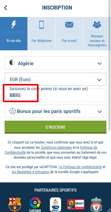 Formulaire d'inscription à 1xbet