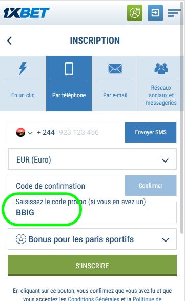 Formulaire d'inscription à 1xbet