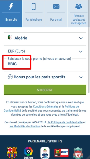 Formulaire d'inscription à 1xbet