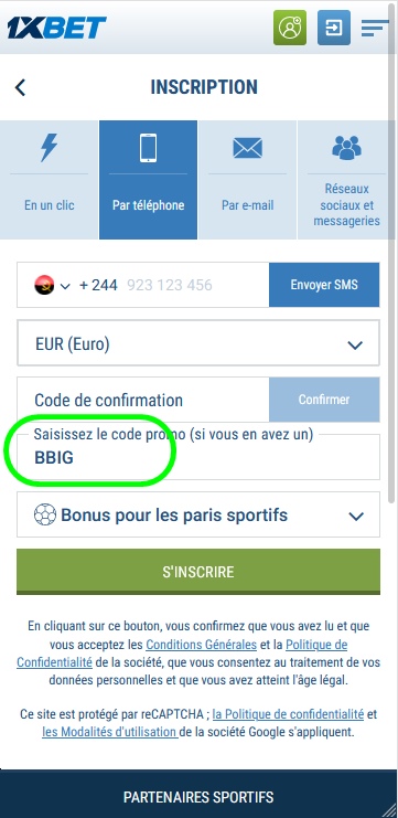 Formulaire d'inscription à 1xbet