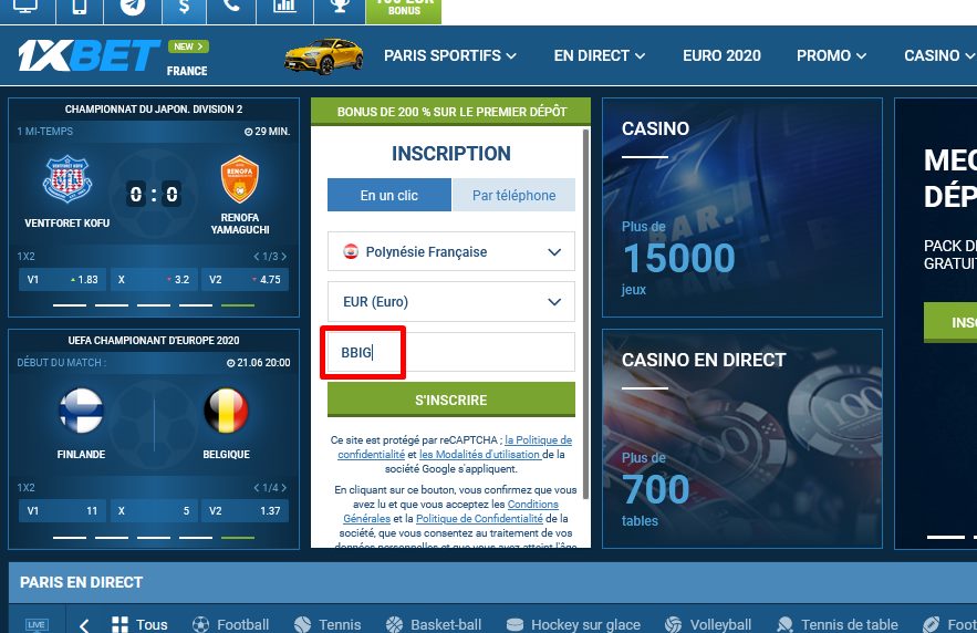 Formulaire d'inscription à 1xbet