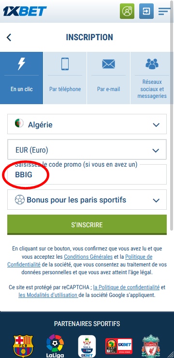 Formulaire d'inscription à 1xbet