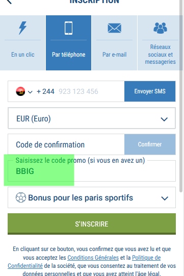 Formulaire d'inscription à 1xbet