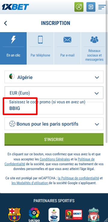 Formulaire d'inscription à 1xbet