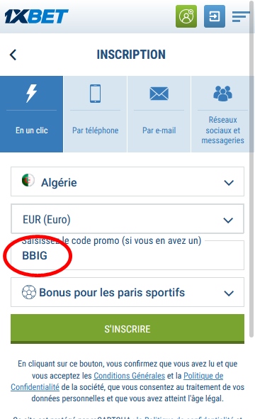 Formulaire d'inscription à 1xbet