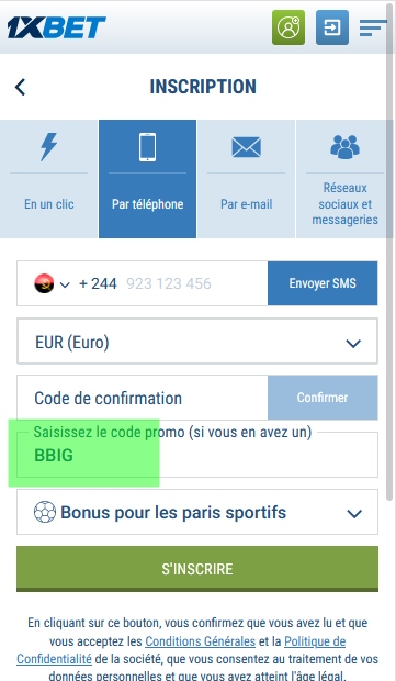 Formulaire d'inscription à 1xbet