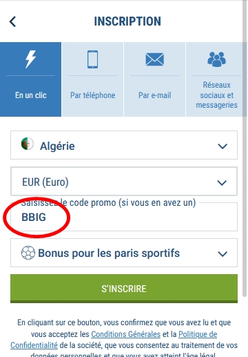 Formulaire d'inscription à 1xbet