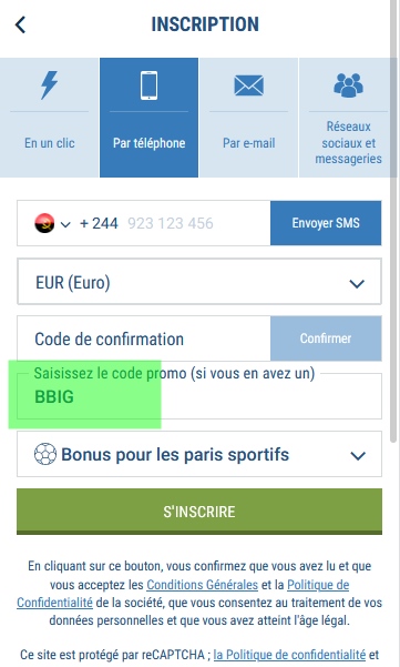 Formulaire d'inscription à 1xbet