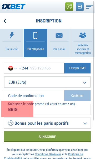 Formulaire d'inscription à 1xbet