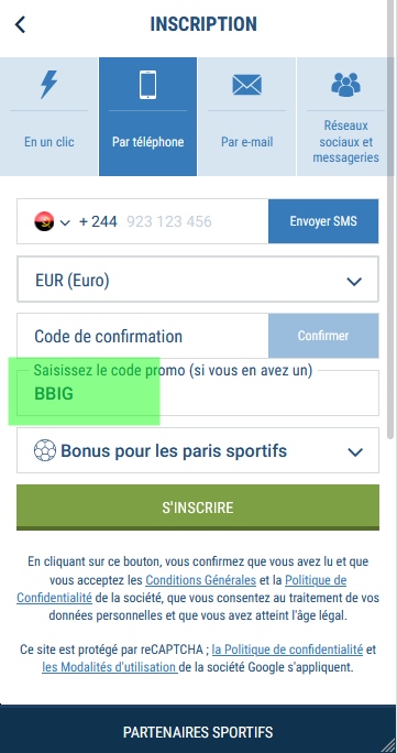 Formulaire d'inscription à 1xbet