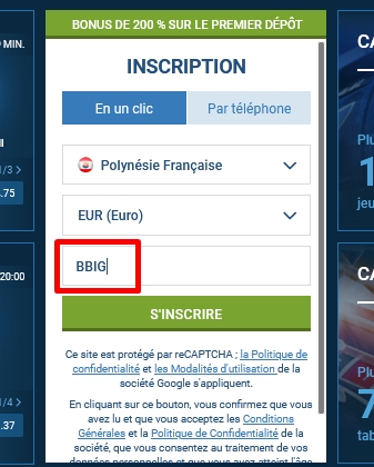 Formulaire d'inscription à 1xbet