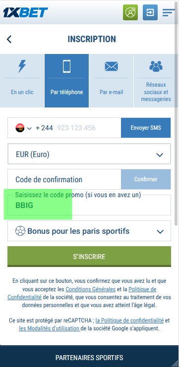 Formulaire d'inscription à 1xbet