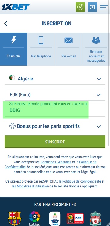 Formulaire d'inscription à 1xbet