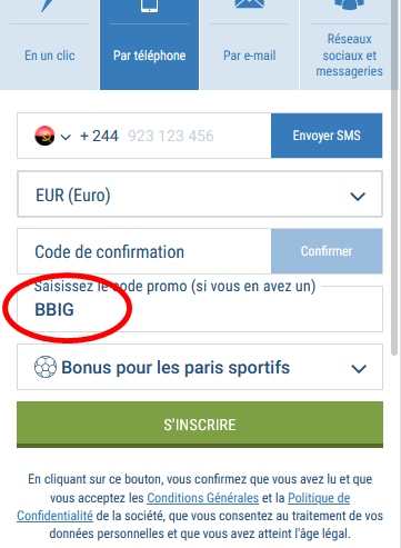 Formulaire d'inscription à 1xbet