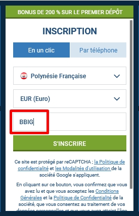 Formulaire d'inscription à 1xbet