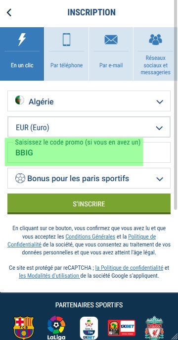 Formulaire d'inscription à 1xbet