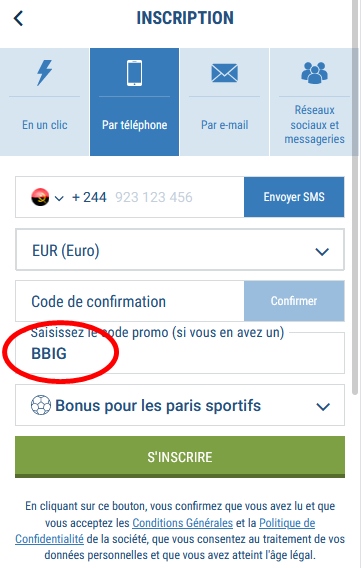 Formulaire d'inscription à 1xbet