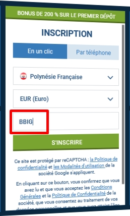 Formulaire d'inscription à 1xbet