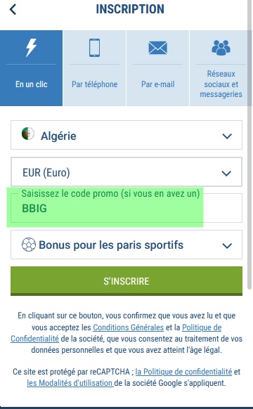 Formulaire d'inscription à 1xbet