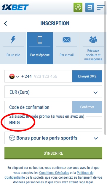 Formulaire d'inscription à 1xbet