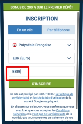 Formulaire d'inscription à 1xbet