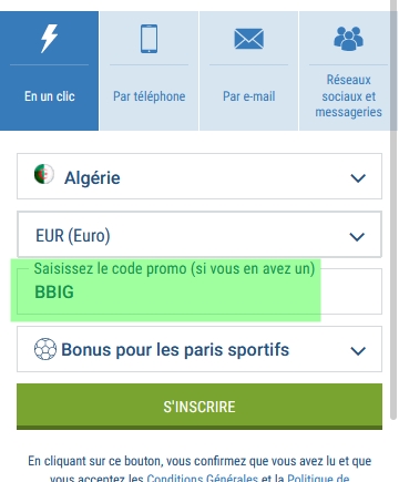 Formulaire d'inscription à 1xbet