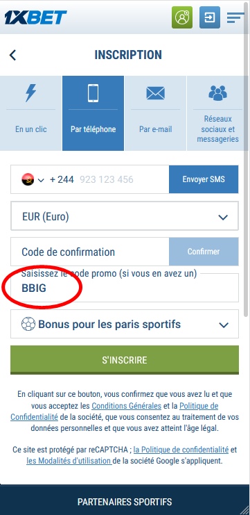 Formulaire d'inscription à 1xbet