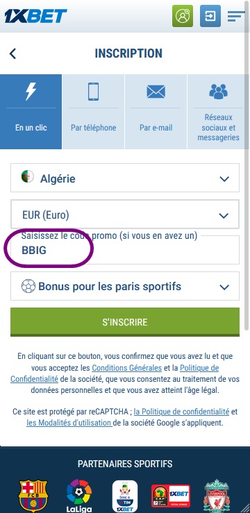 Formulaire d'inscription à 1xbet