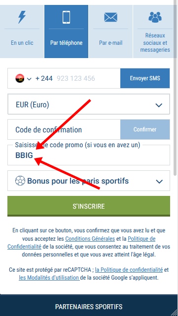 Formulaire d'inscription à 1xbet