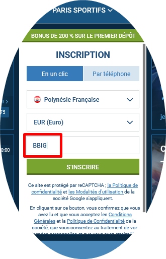 Formulaire d'inscription à 1xbet