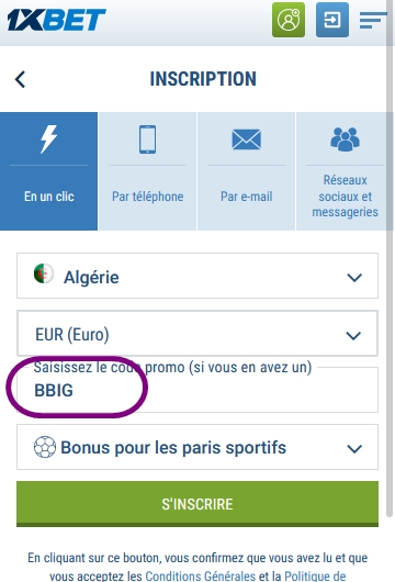 Formulaire d'inscription à 1xbet