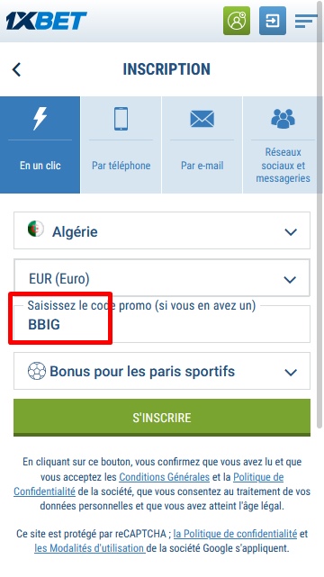 Formulaire d'inscription à 1xbet