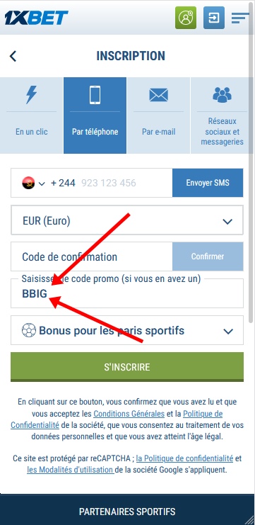 Formulaire d'inscription à 1xbet