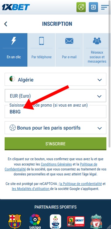 Formulaire d'inscription à 1xbet