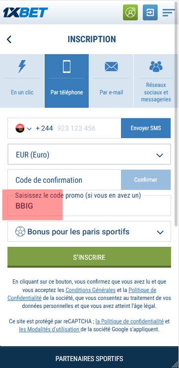 Formulaire d'inscription à 1xbet