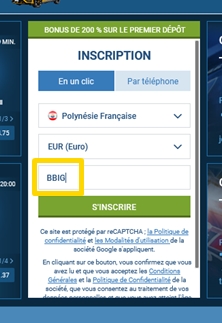 Formulaire d'inscription à 1xbet