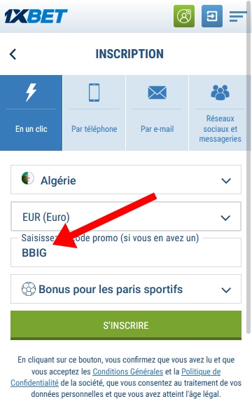 Formulaire d'inscription à 1xbet