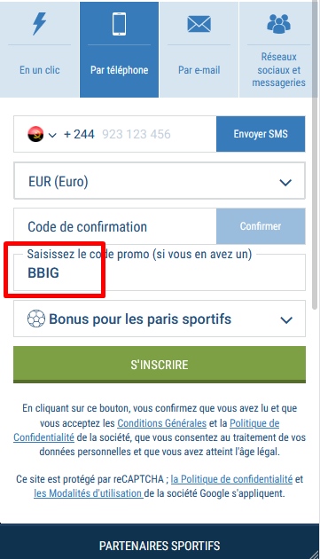 Formulaire d'inscription à 1xbet