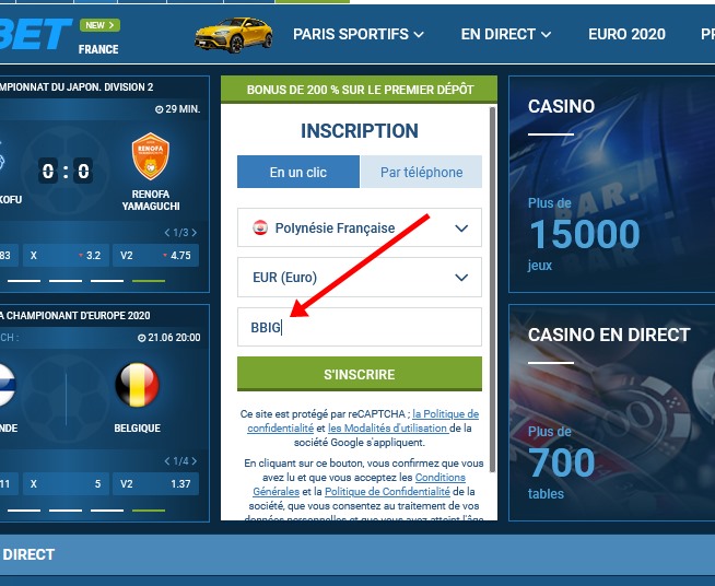 Formulaire d'inscription à 1xbet