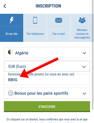 Formulaire d'inscription à 1xbet