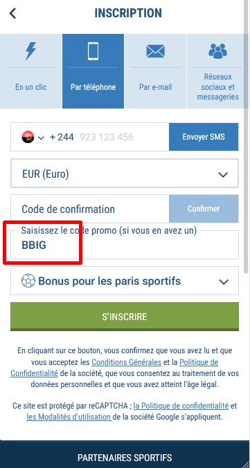 Formulaire d'inscription à 1xbet