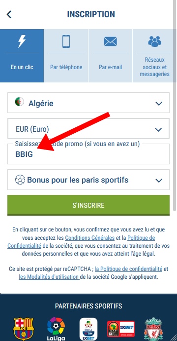 Formulaire d'inscription à 1xbet